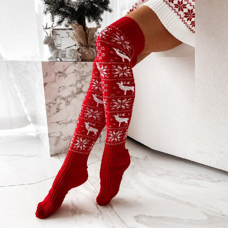 Winter Christmas Warm Knitted Women Stocking Beautiful Elk Snowflake Jacquard Over-the-knee Casual Long Socks For Ladies Gifts Free Size
