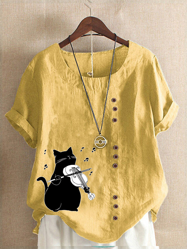 Summer Cotton And Linen Short Sleeve Top Cartoon Printed T-shirt
