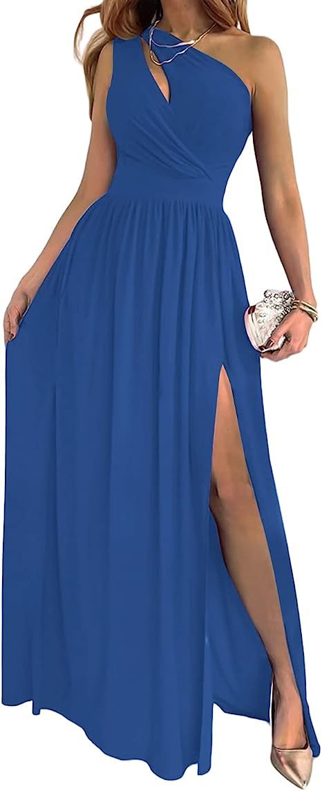 Women's One Shoulder High Split Cutout Sleeveless Elegant Sexy Cocktail Maxi Dress
