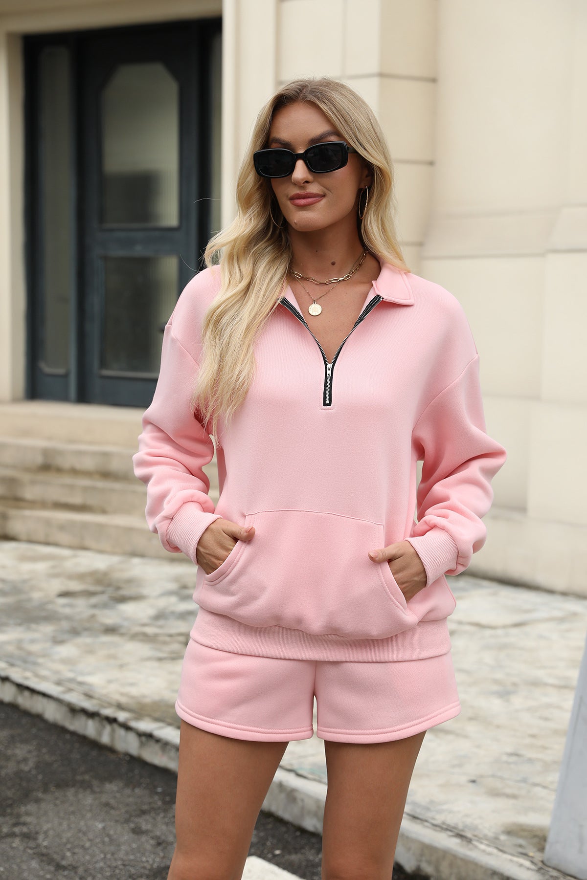 Casual Sweatshirt Suits Lapel Zipper Long Sleeve Top With Pocket And Elastic Shorts Fashion Loose Sports Set Outfits Womens Clothing
