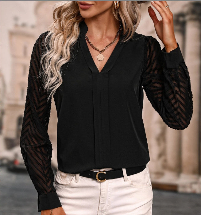 V-neck Long-sleeved Chiffon Shirt Lace Stitching Solid Color Tops Women Clothing
