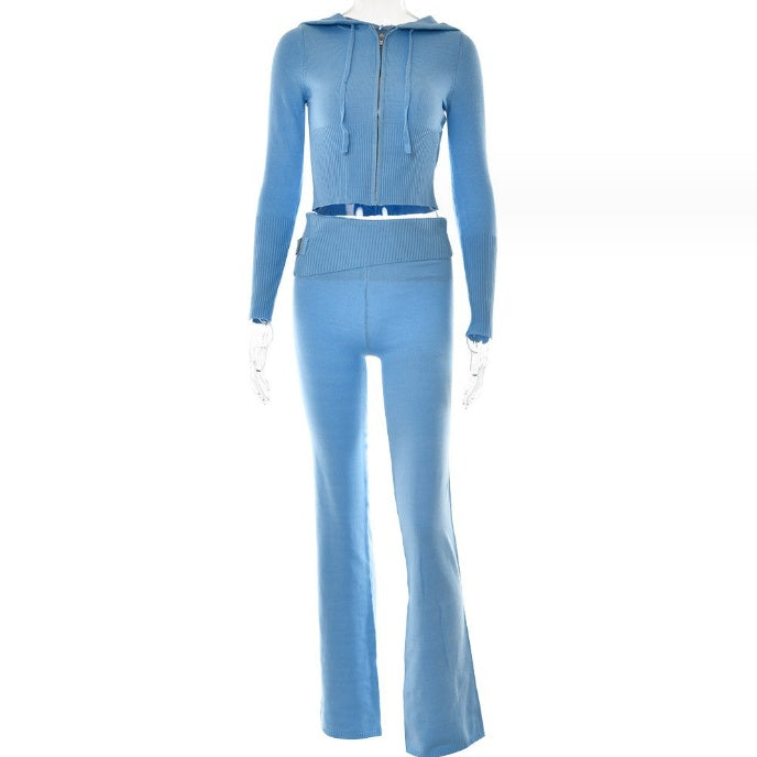 Hoodie Suit Women Leisure Sexy Zip Long Sleeve Sweater And High Waist Long Pants Set
