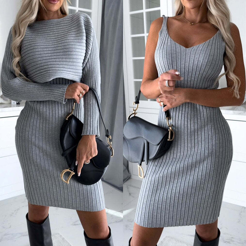 2pcs Suit Women's Solid Stripe Long-sleeved Top And Tight Suspender Skirt Fashion Autumn Winter Slim Clothing
