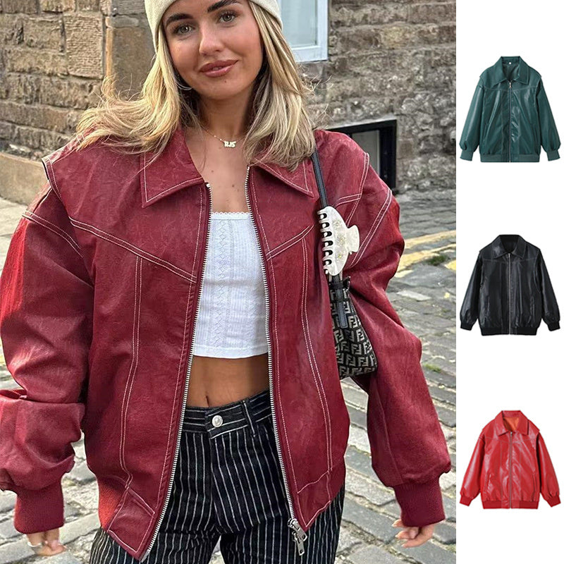 Loose Fashion Lapel Zip-up Jacket Cool Long Sleeve Zipper Closure Moto Biker Leather Jacket Womens Clothing
