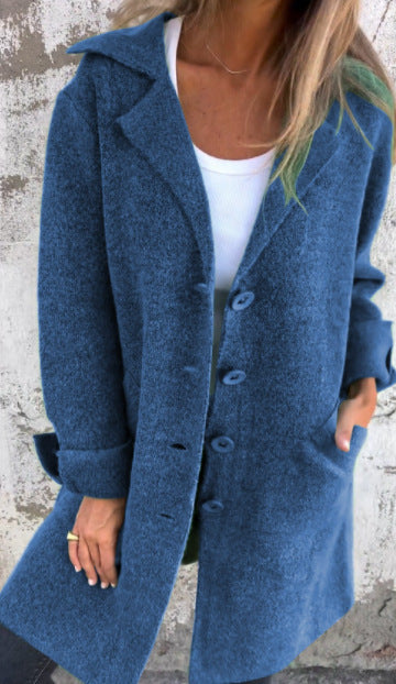 Lapel Single Breasted Cardigan With Pockets Fashion Color Solid Mid-Length Outwear Coat Womens Clothing
