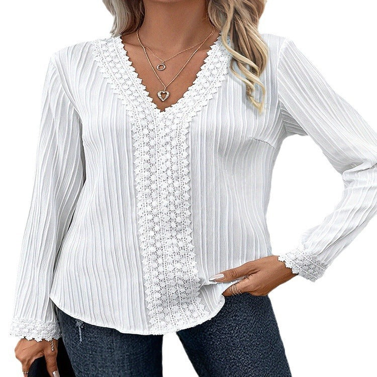 V-neck Elegant Lace Stitching Long-sleeved Shirt
