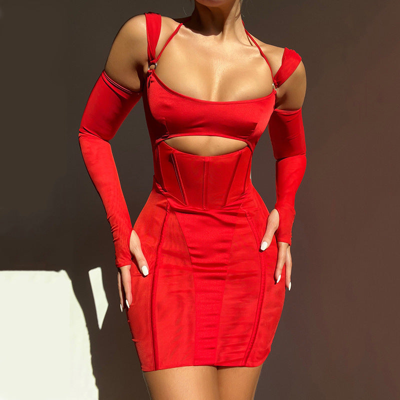 Women's Sling Tight Dress Fashion Backless Mesh See-through Hip Skirt
