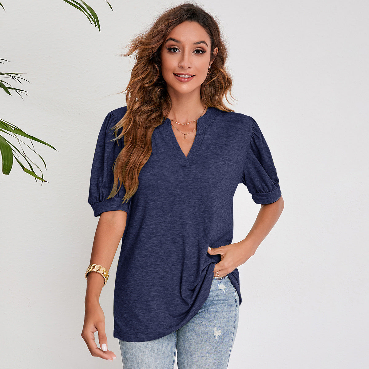 Women's Pleated Puff Sleeve Tops Summer V Neck T Shirts Casual Loose Blouses
