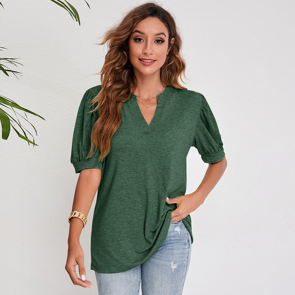 Women's Pleated Puff Sleeve Tops Summer V Neck T Shirts Casual Loose Blouses
