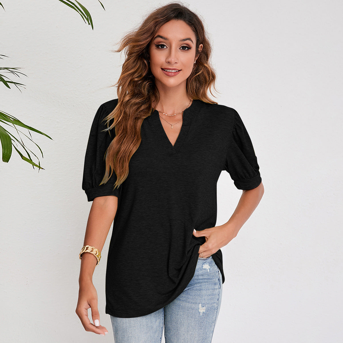 Women's Pleated Puff Sleeve Tops Summer V Neck T Shirts Casual Loose Blouses
