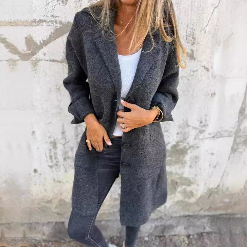 Lapel Single Breasted Cardigan With Pockets Fashion Color Solid Mid-Length Outwear Coat Womens Clothing
