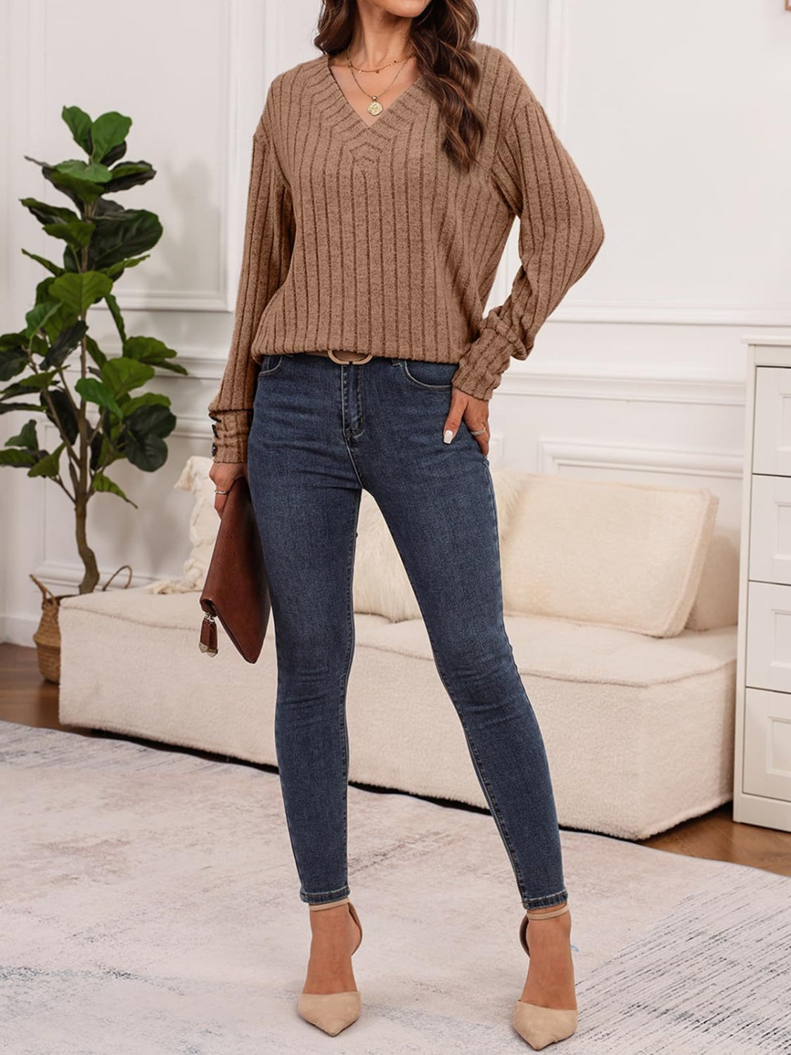 Ribbed V-Neck Long Sleeve T-Shirt
