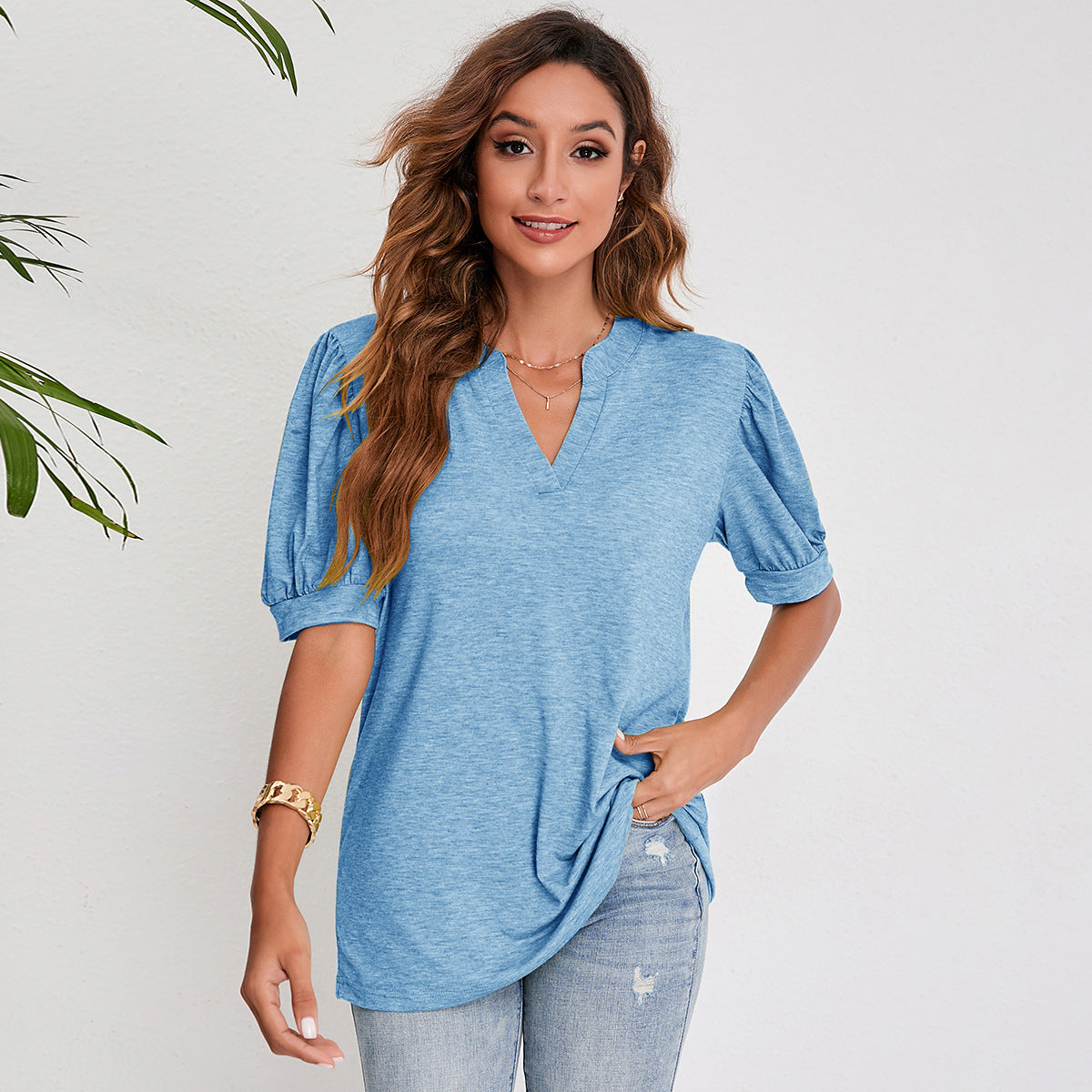 Women's Pleated Puff Sleeve Tops Summer V Neck T Shirts Casual Loose Blouses
