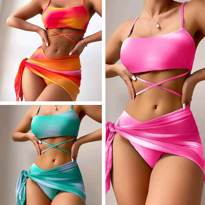 3pcs Tie Dye Print Bikini With Short Skirt Summer Beach Sexy Swimwear Womens Clothing
