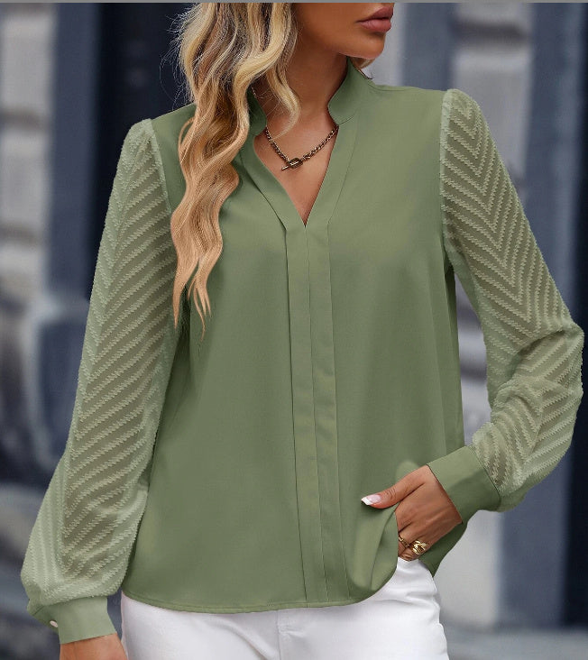 V-neck Long-sleeved Chiffon Shirt Lace Stitching Solid Color Tops Women Clothing
